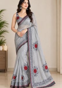 Elegant Grey Floral Embroidered Saree
