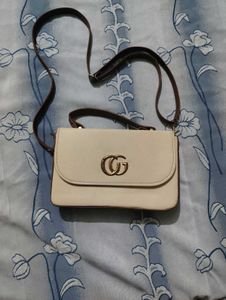Cream Beige Crossbody Sling Bag with Brown Strap &