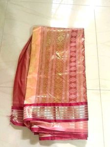 Peach Silk Saree with Maroon Border