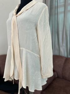 ZARA Soft Ivory Tie-Neck Sheer Blouse