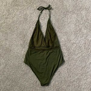 Olive Green One-Piece Swimsuit with Lace Trim