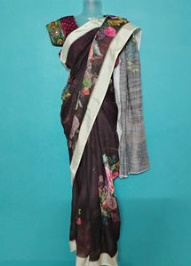 Brown lenin cotton saree