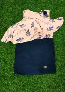 Shrey Girls Top Skirt Set - Peach Leaf Print Ponch