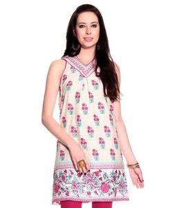 Biba Beige Floral Print Sleeveless Kurta