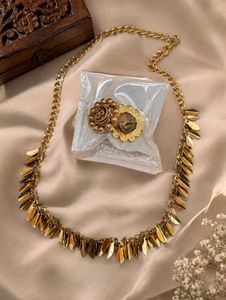 Stylish Antique Gold Leaf Drop Chain Necklace for