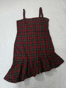 Red Plaid Mini Dress with Ruffle Hem bust 34