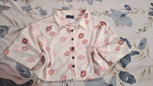 Cute Lip Print Button-Up Shirt