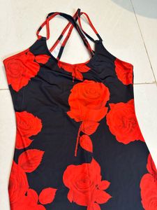Black Rose Print Spaghetti Strap Dress