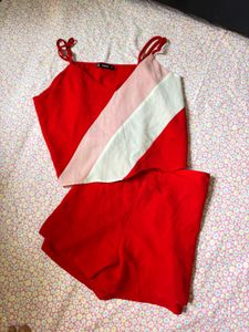 Red Two-Piece Set with Pink Stripe Detail