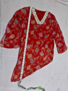 Red Chiffon Floral Asymmetric Top with Lycra Linin