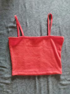 Coral Ribbed Spaghetti Strap Crop Top