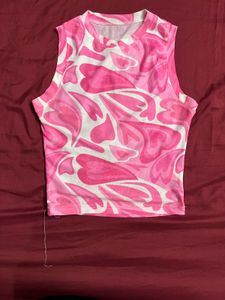 Pink Heart Print Sleeveless Sheer Top