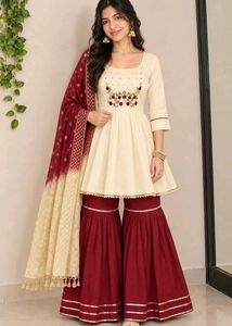 Elegant Cream & Maroon Sharara Set