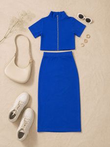 💙 Royal Blue Ribbed Co-ord Set | Mock Neck Zip To