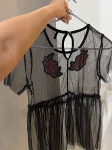 Sheer Black Mesh Top with Rose Appliques