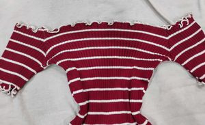 Maroon Striped Off-Shoulder crop Top