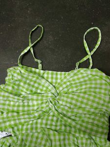 Green Gingham Twist Front Top