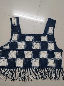 Crochet Checkerboard Crop Top with Fringe