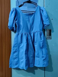 Blue Puff Sleeve Square Neck Dress