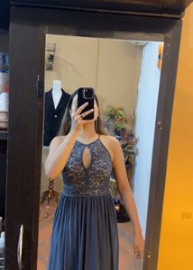 Elegant Grey Halter Neck Lace Dress