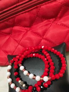 Vibrant Red crystal, white pearl Bracelet Set