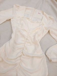 Cream Ruched Puff Sleeve Mini Dress