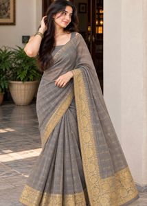 Elegant Grey Saree with Gold Border