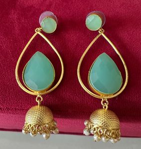 Elegant Teal Stone Jhumka Earrings