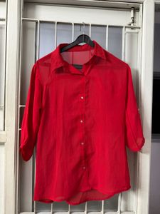 Vibrant Red Sheer Button-Up Shirt