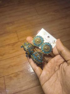 Elegant Blue & Gold Jhumka Earrings