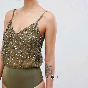 Olive Sequin Bodysuit Top