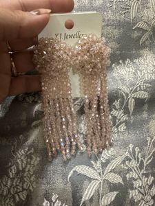 Beaded Baby Pink Tassel Earrings