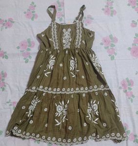 Olive Green Embroidered Tiered Midi Dress