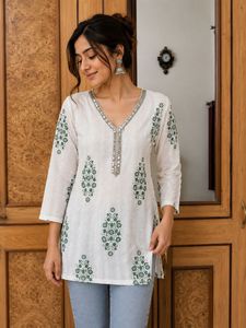 Elegant White Kurta with Green Floral Print