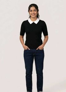 Classy Black Contrast Collar Top | Soft Knit |