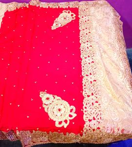 Beautiful Heavy Braidal Red Embellished Saree
