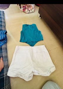 Teal Crop Top &amp; White Denim Shorts Set