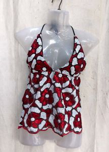 Sparkling Red &amp; White Floral Halter Top