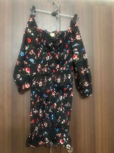 Black Floral Print Ruched Dress