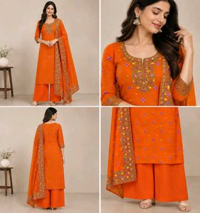 Vibrant Orange Embroidered Kurta Set with Palazzo