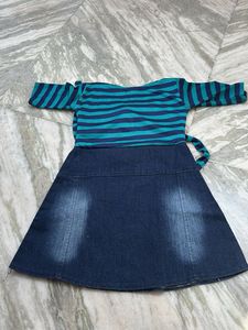 Girls Teal Blue Striped Kurta with Denim Skirt