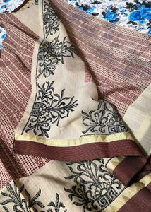 Zari Embroidery Handblock print ChanderiSilk Saree
