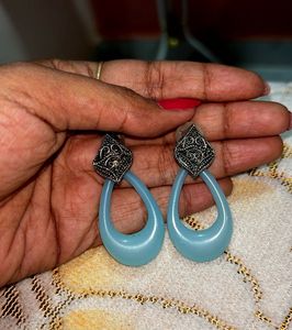Blue Teardrop Earrings with Silver Accents