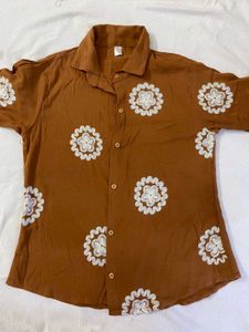 Chic Brown Floral Embroidered Shirt