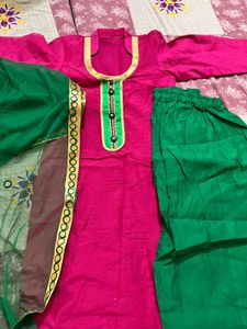 Vibrant Pink Kurta Set with Green Palazzo