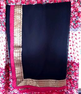 Elegant Black Saree with Gold &amp; Pink Border