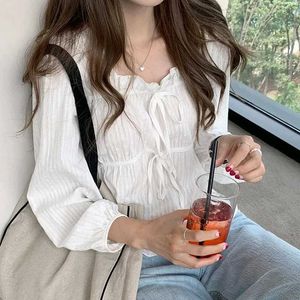 Korean White Long Sleeve Tie-Front Top