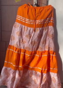Waist tie Boho Tiered Maxi Skirt - Orange &amp; Pink