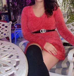 tomato red Fluffy V-Neck Mini Dress