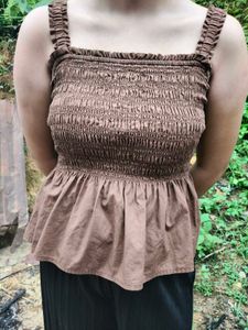 Brown Smocked Square Neck Peplum Top